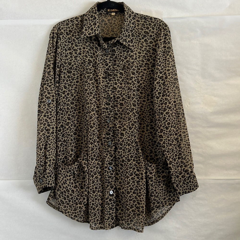 Ki Meng Leopard Button Long Sleeve Women Size S Animal Print Lightweight Sheer
